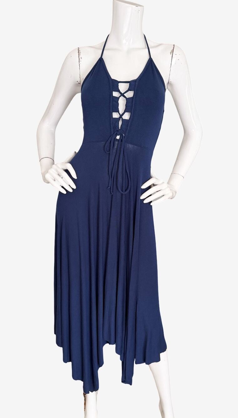 Rachel Pally Halter Dress Blue Modal Jersey Lace up Asymmetric Midi NWT Small